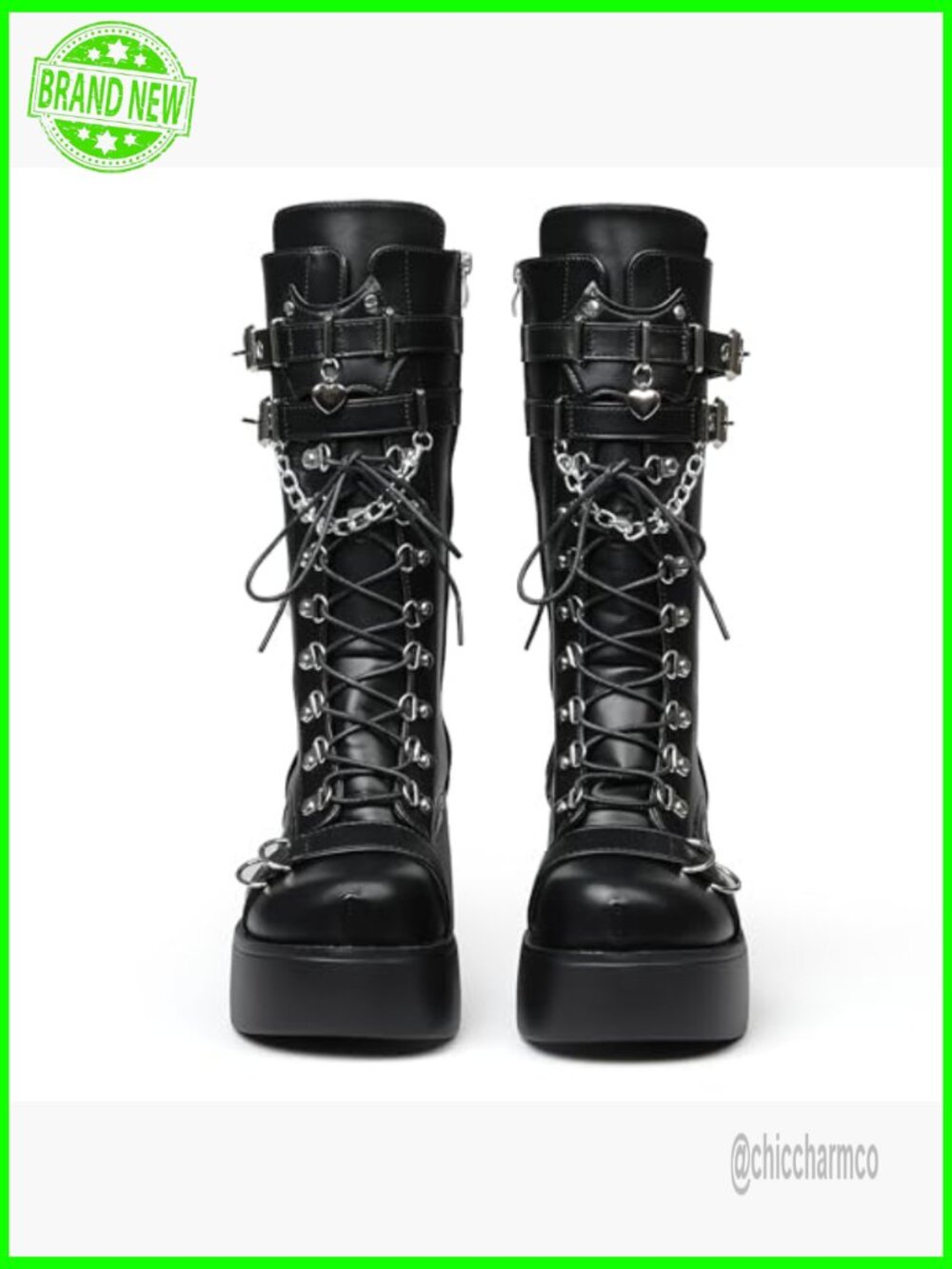 Black Wedge Combat Boots Chunky Heel Lace Up Mid Calf Gothic Shoes - Picture 4 of 7